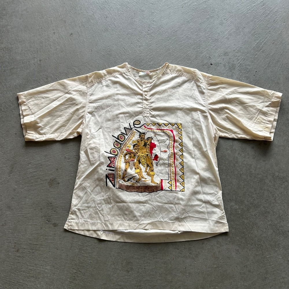 Vintage 70s Life Zimbabwe Shirt Size Large Cream Henley African Tribe Indian